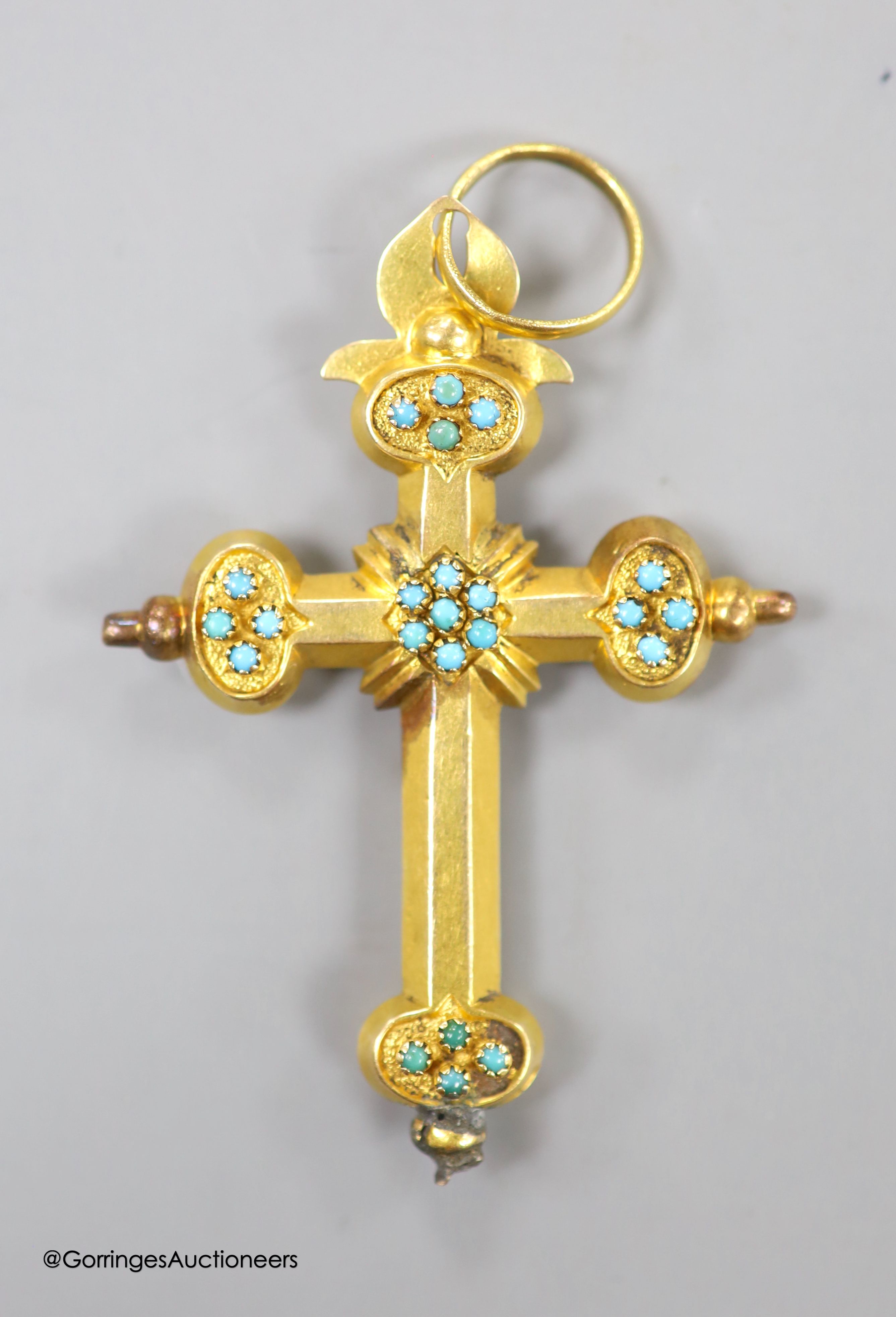 A Victorian hollow yellow metal and turquoise set cross pendant, (a.f.), 68mm, gross weight 10.1 grams.